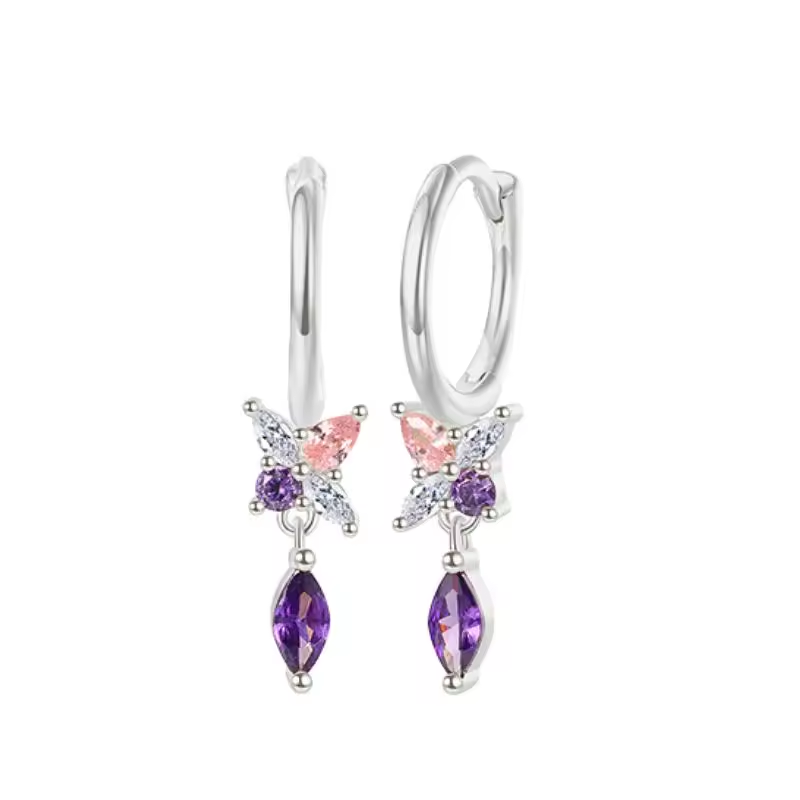 Oorringen 18kt Verguld Zilver | Zirconia Butterfly Dangle Hoops