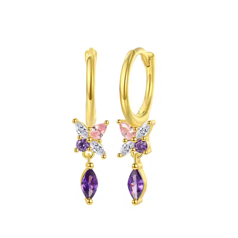 Oorringen 18kt Verguld Zilver | Zirconia Butterfly Dangle Hoops