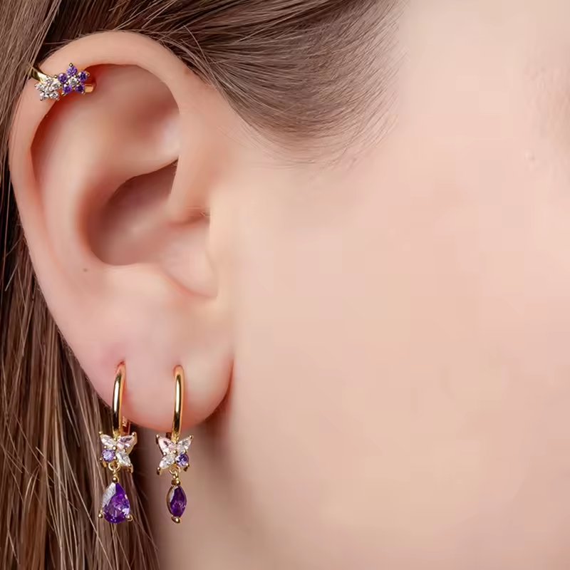 Oorringen 18kt Verguld Zilver | Zirconia Butterfly Dangle Hoops