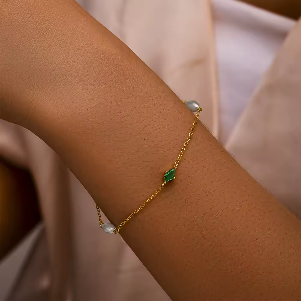 Armband 18kt Verguld Zilver | Green Zirconia/Pearl