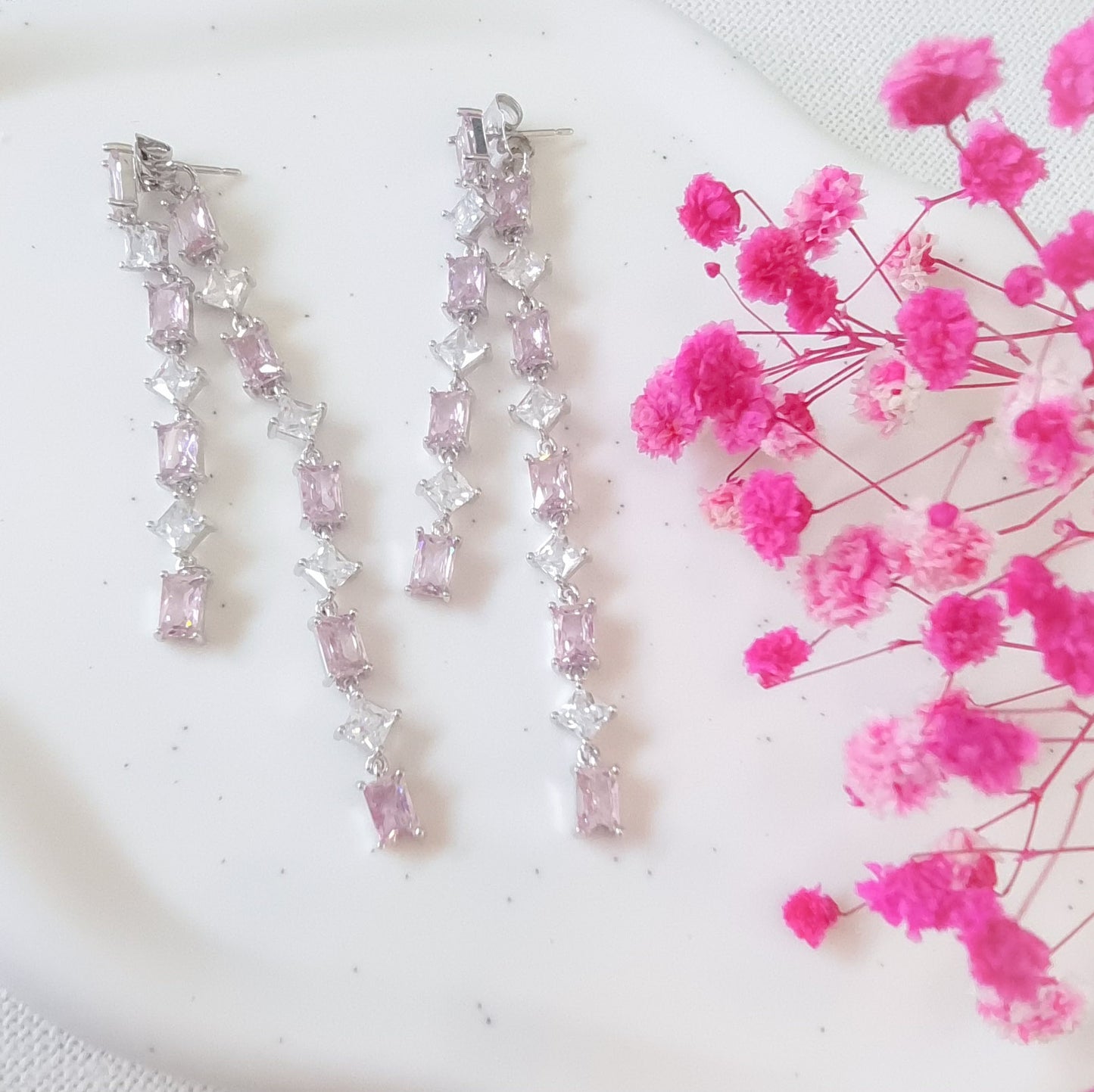 Pink - Blue Zirconia Dangle Studs | Statement Oorringen