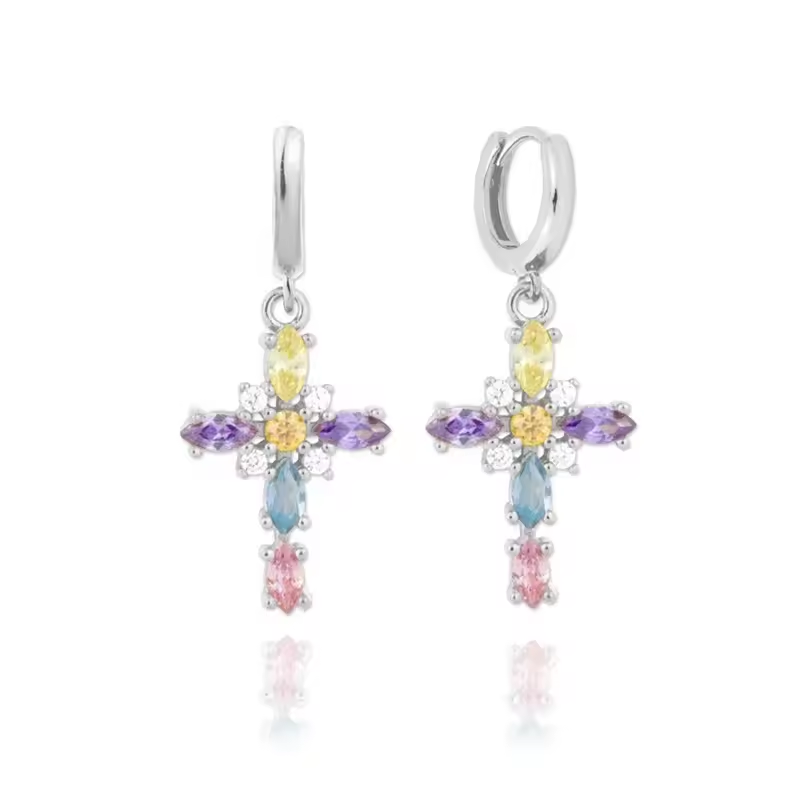 Oorringen 18kt Verguld Zilver | Zirconia Cross Dangle Hoops
