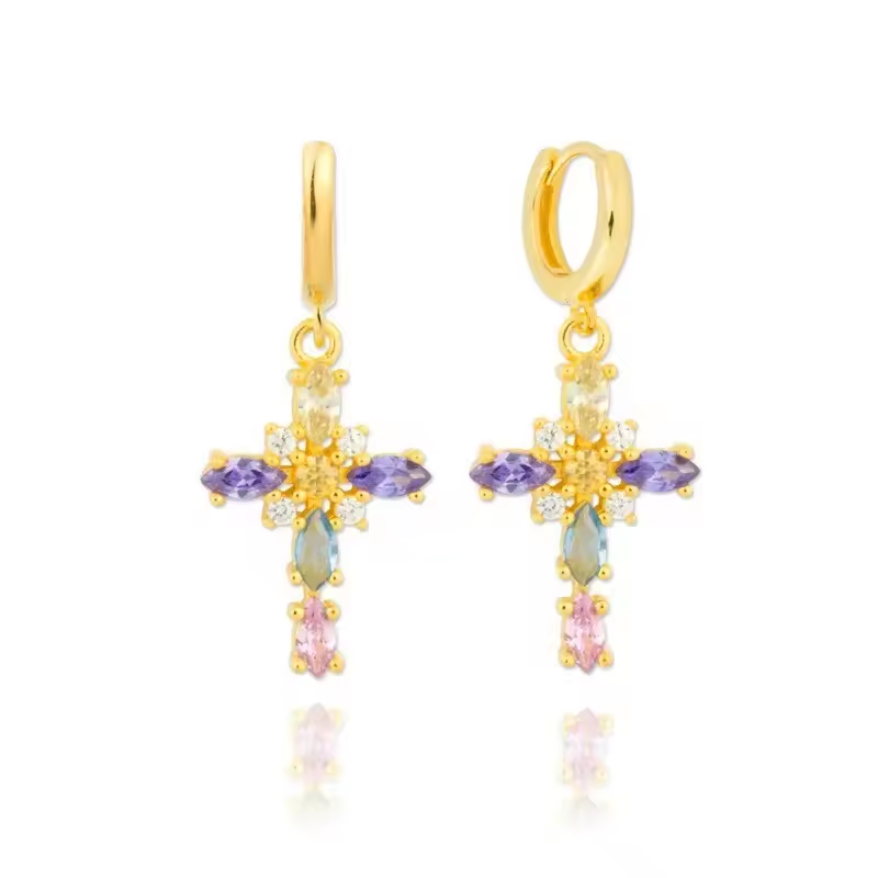 Oorringen 18kt Verguld Zilver | Zirconia Cross Dangle Hoops