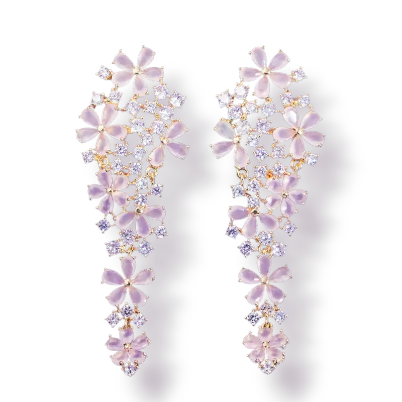 Pink Flowery Zirconia Dangle Studs | Statement Oorringen