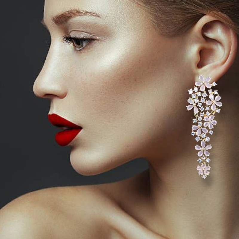 Pink Flowery Zirconia Dangle Studs | Statement Oorringen