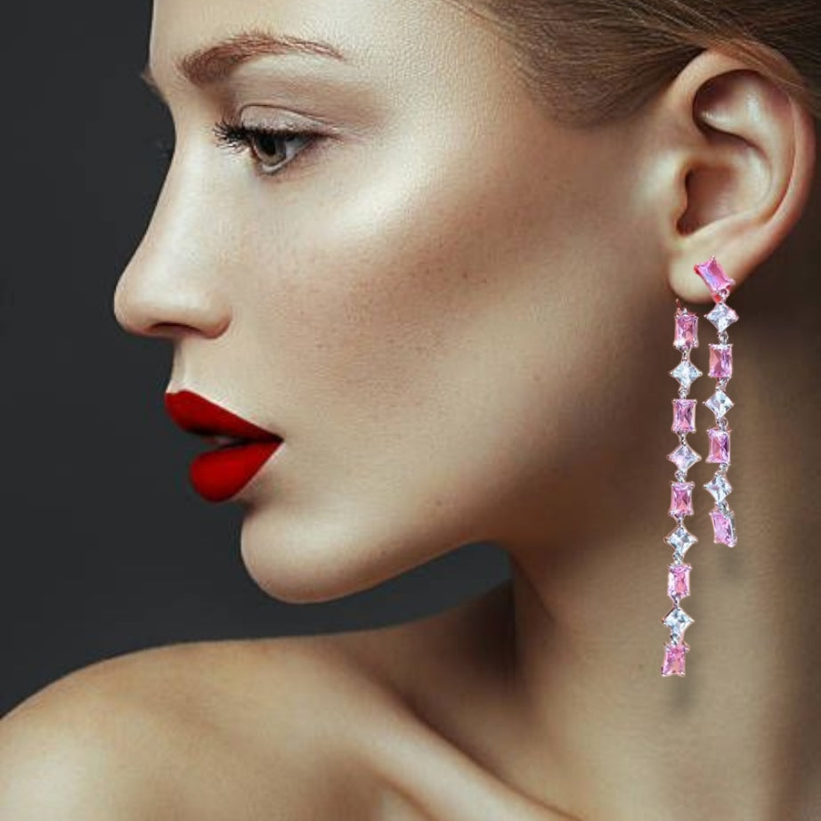 Pink - Blue Zirconia Dangle Studs | Statement Oorringen