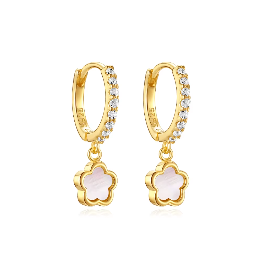 Oorringen 18kt Verguld Zilver | Zirconia Pearl Flower Hoops