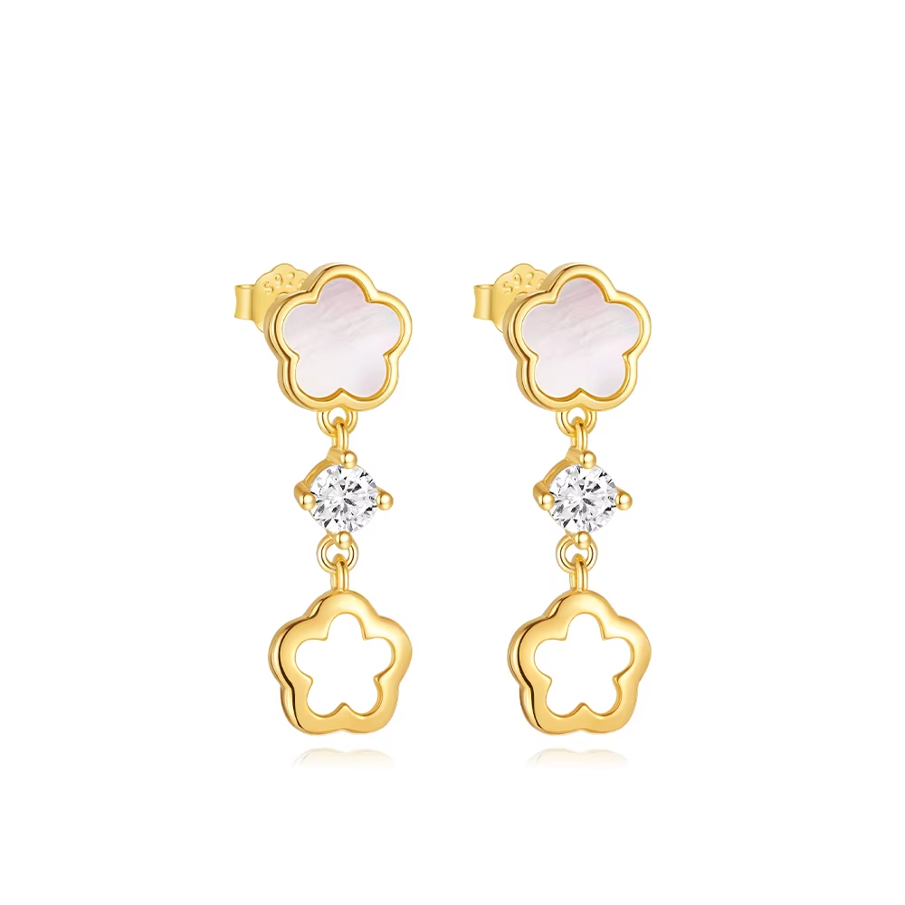 Oorringen 18kt Verguld Zilver | Pearl Double Flower