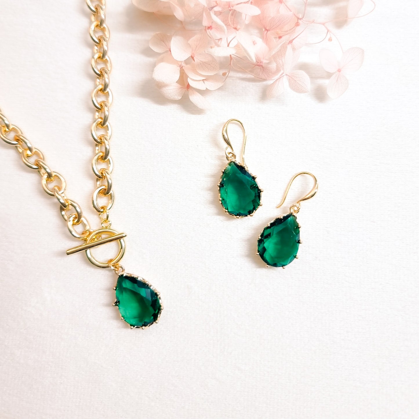 Ketting + Oorringen 24kt Verguld | Green Stone