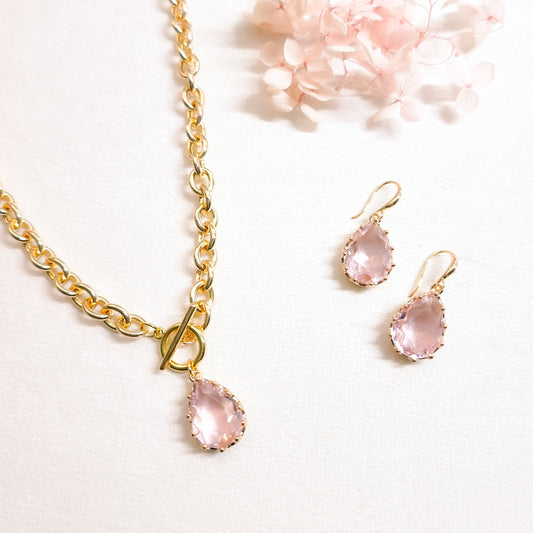 Ketting + Oorringen 24kt Verguld | Pink Stone