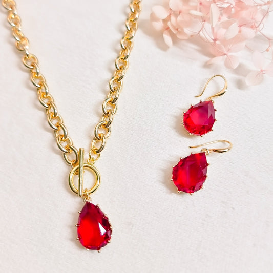 Ketting + Oorringen 24kt Verguld | Red Stone
